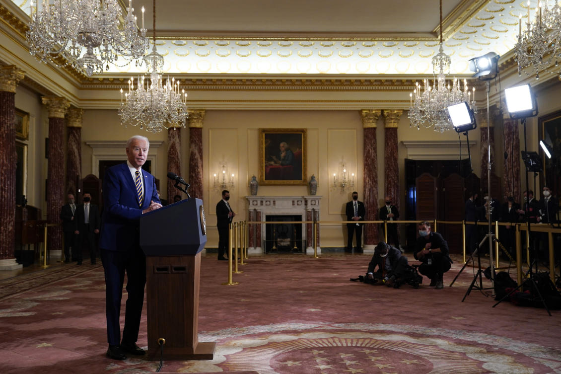 US President Joe Biden speaks about foreign policy at the State Department in Washington on Feb. 4, 2021. (AP)