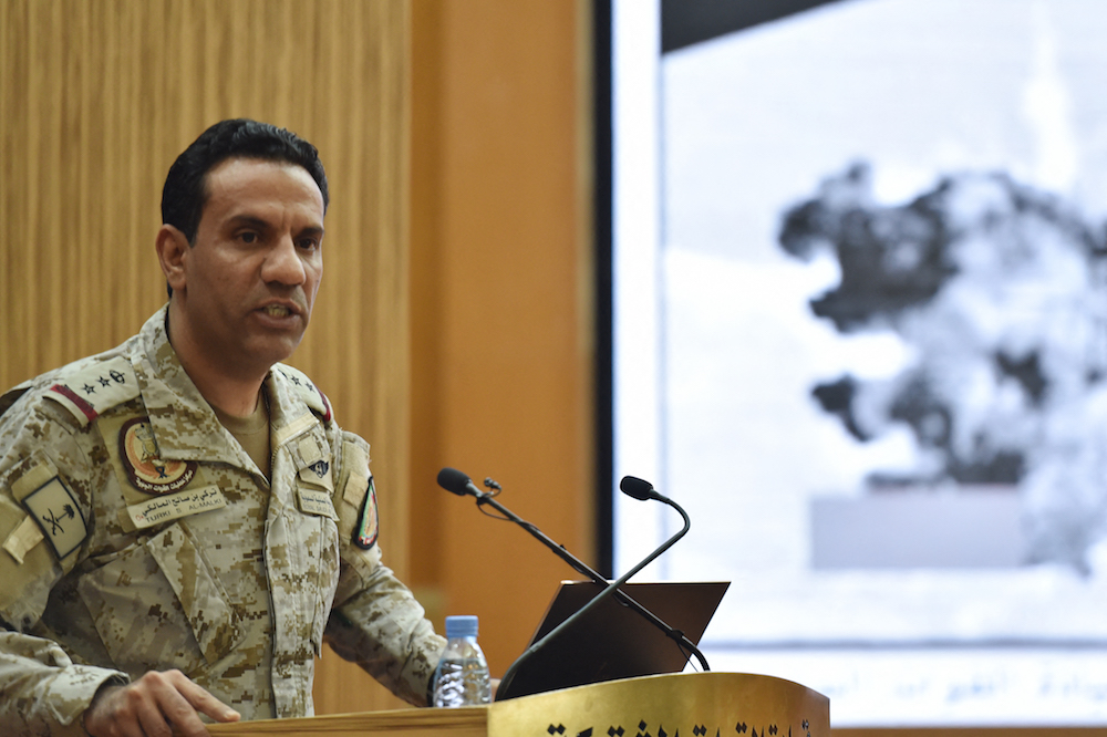 Spokesman of the Arab coalition Col. Turki Al-Maliki speaks during a press conference in the Saudi capital Riyadh. (File/AFP) Spokesman of the Arab coalition Col. Turki Al-Maliki speaks during a press conference in the Saudi capital Riyadh. (File/AFP)