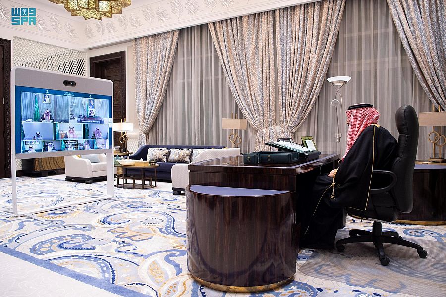 Saudi Arabia’s cabinet held its weekly meeting, chaired by King Salman virtually from NEOM, on Tuesday, March 23, 2021. (SPA) Saudi Arabia’s cabinet held its weekly meeting, chaired by King Salman virtually from NEOM, on Tuesday, March 23, 2021. (SPA)