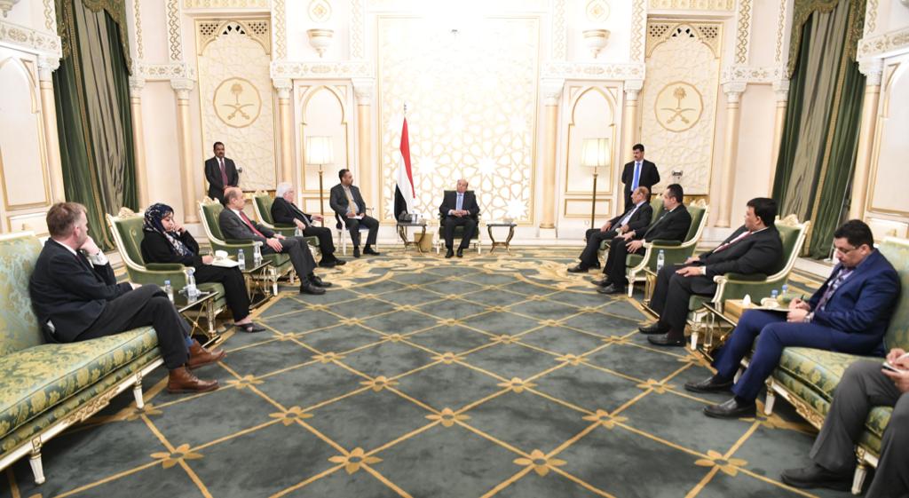 Yemen’s President Abed Rabbo Mansour Hadi meets UN envoy to Yemen Martin Griffiths in Riyadh. (Saba) Yemen’s President Abed Rabbo Mansour Hadi meets UN envoy to Yemen Martin Griffiths in Riyadh. (Saba)