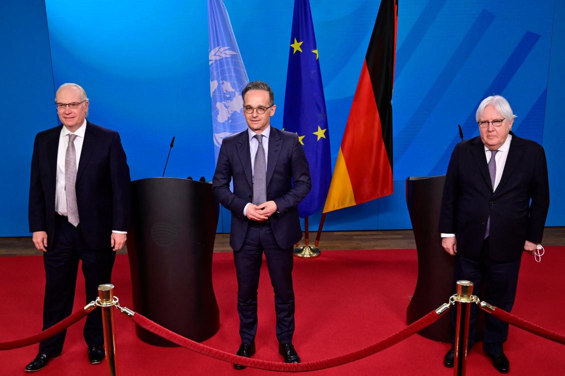 US special envoy for Yemen Timothy Lenderking, German FM Heiko Maas and UN Special Envoy for Yemen Martin Griffiths pose before adressing a press conference at the Foreign Ministry in Berlin on April 12, 2021. (AFP)
