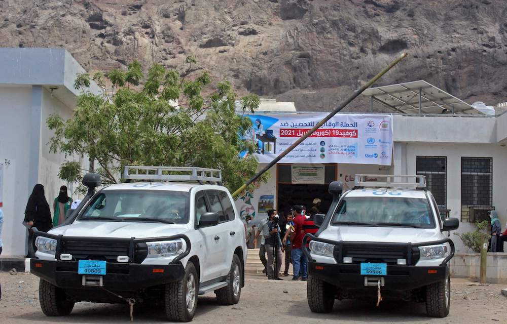 UN vehicles are seen outside a vaccination center in Al-Maala district in Yemen’s southern city of Aden on April 20, 2021. (AFP) UN vehicles are seen outside a vaccination center in Al-Maala district in Yemen’s southern city of Aden on April 20, 2021. (AFP)
