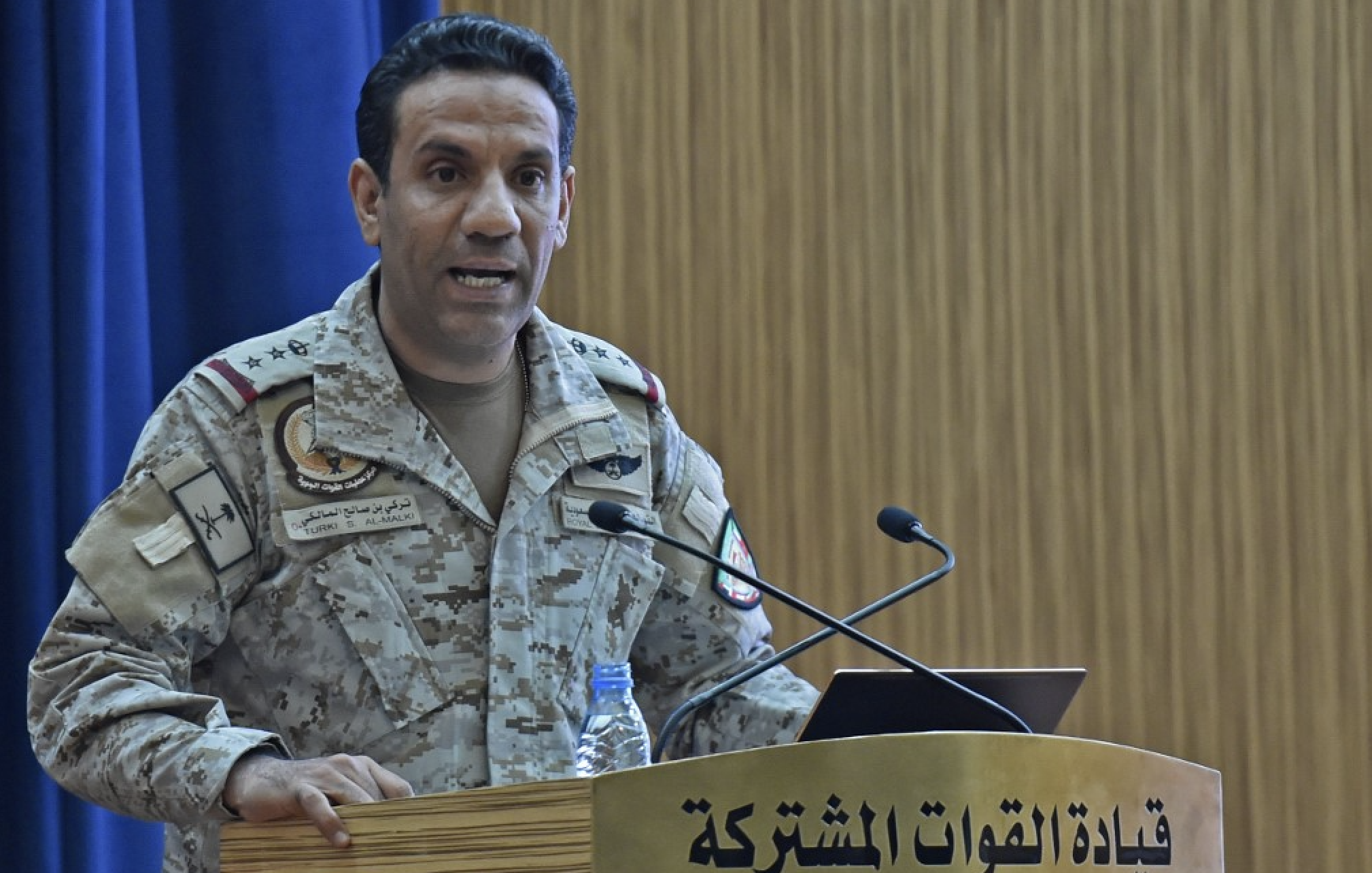 Arab Coalition Spokesman Col. Turki Al-Maliki speaks at a press conference in Riyadh. (File/AFP) Arab Coalition Spokesman Col. Turki Al-Maliki speaks at a press conference in Riyadh. (File/AFP)